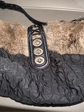 Coach Black Quilted Shoulder Bag with Brown Fur Trim